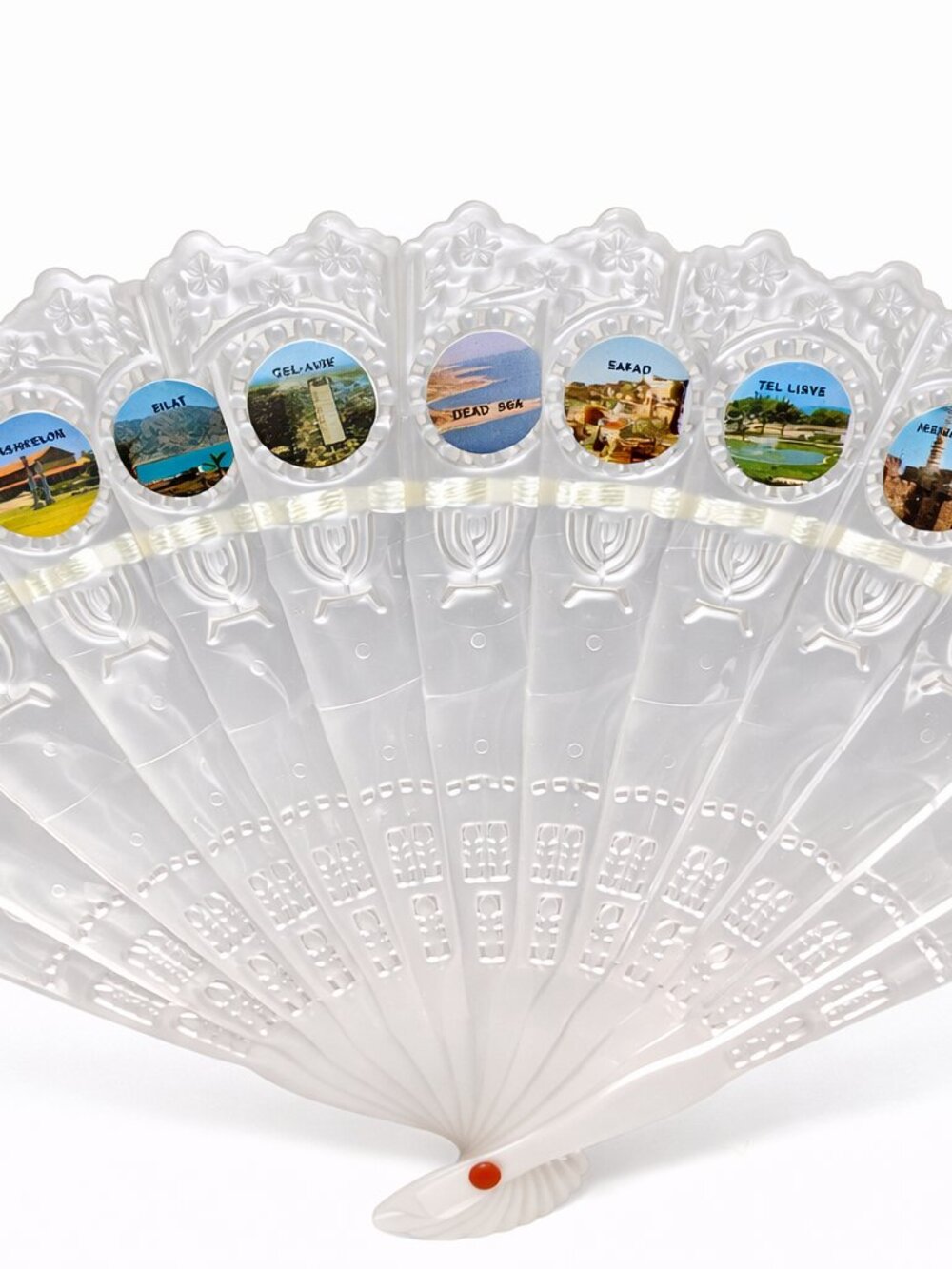 Vintage Israel Souvenir Lucite Folding Fan Scenic Cities Judaica Gift